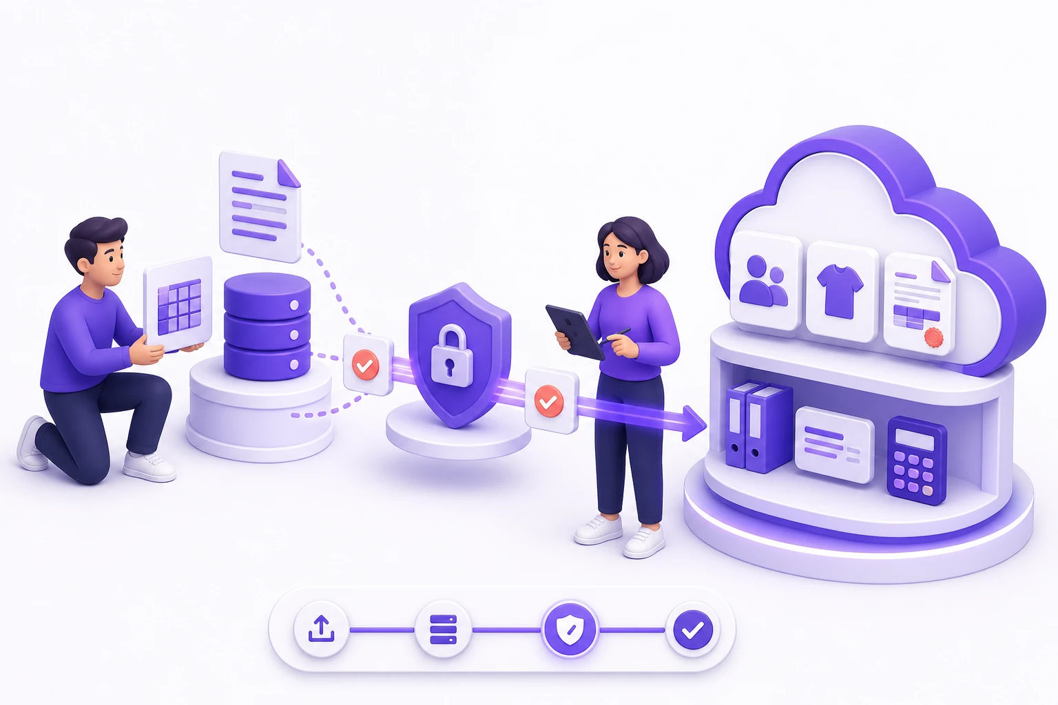 Técnicos trasladando y verificando los datos en un negocio nuevo