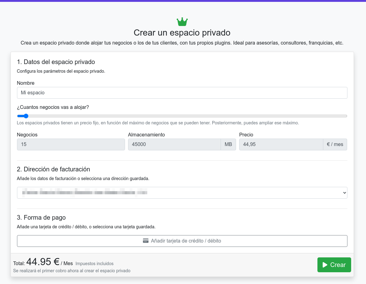 dar de alta nuevo espacio privado