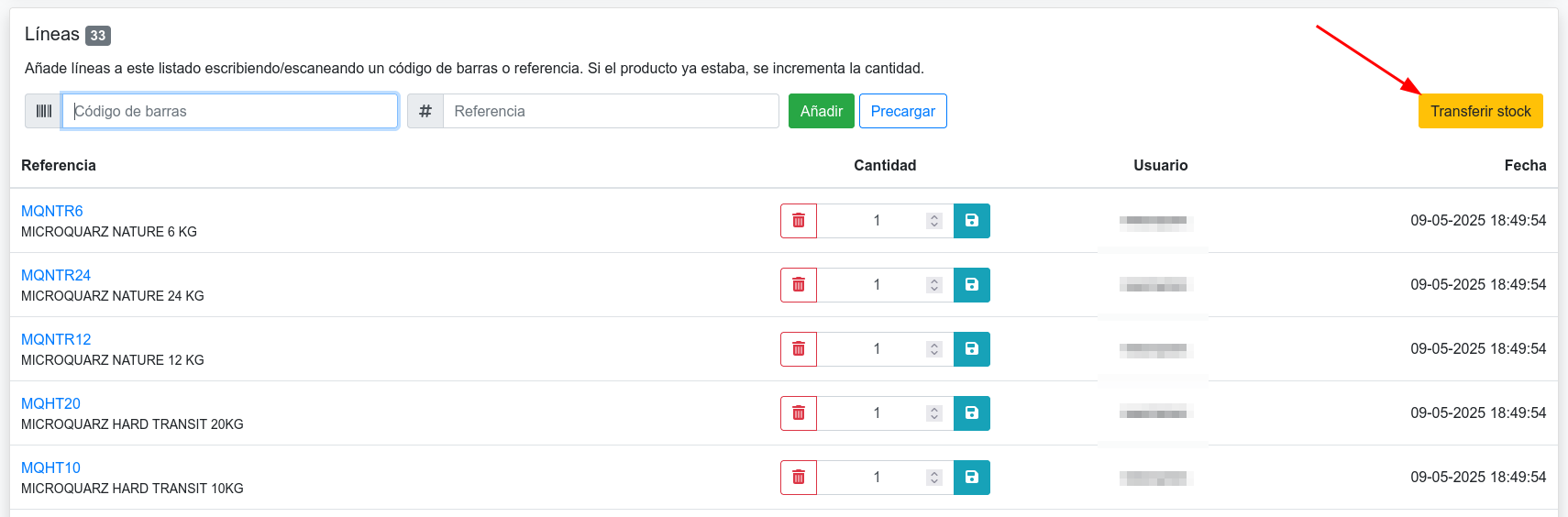 transferir productos entre almacenes