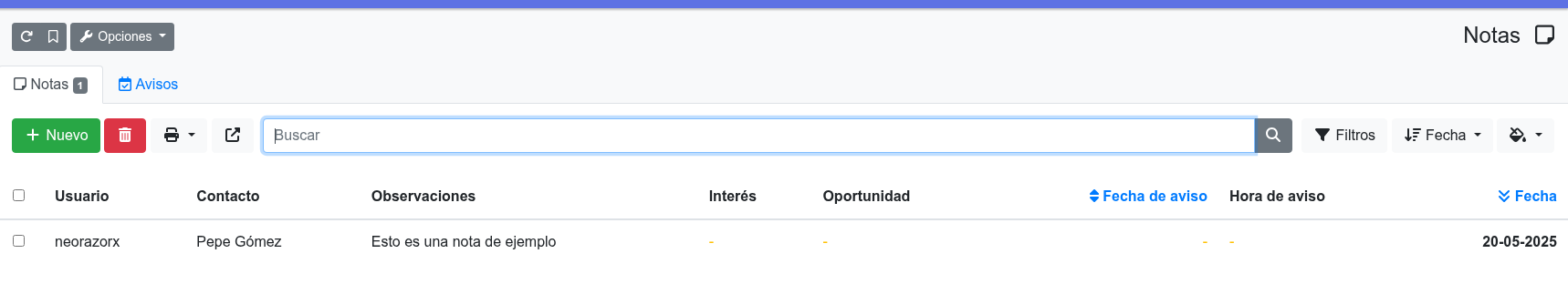 listado notas crm