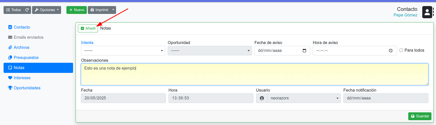 crear nueva nota