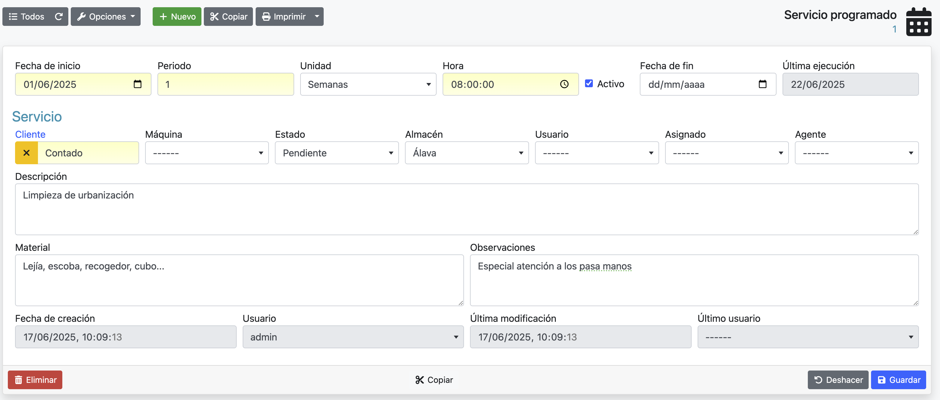 Crear servicio programado