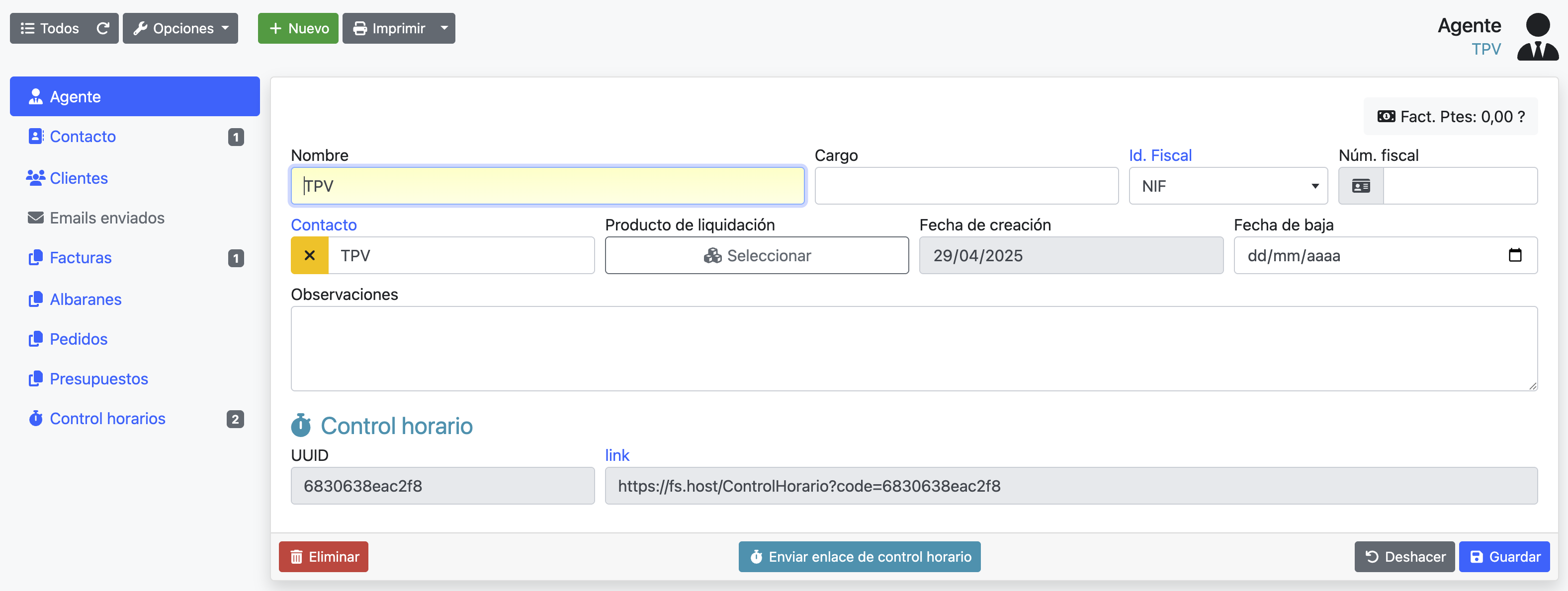 Crear empleado para control horario