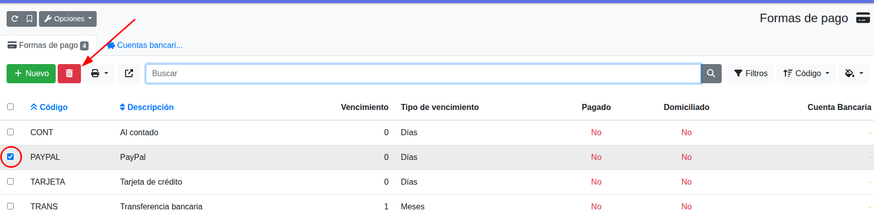 borrar forma de pago