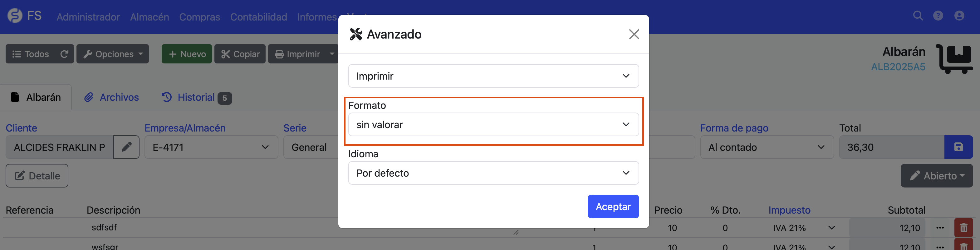 formato sin valorar
