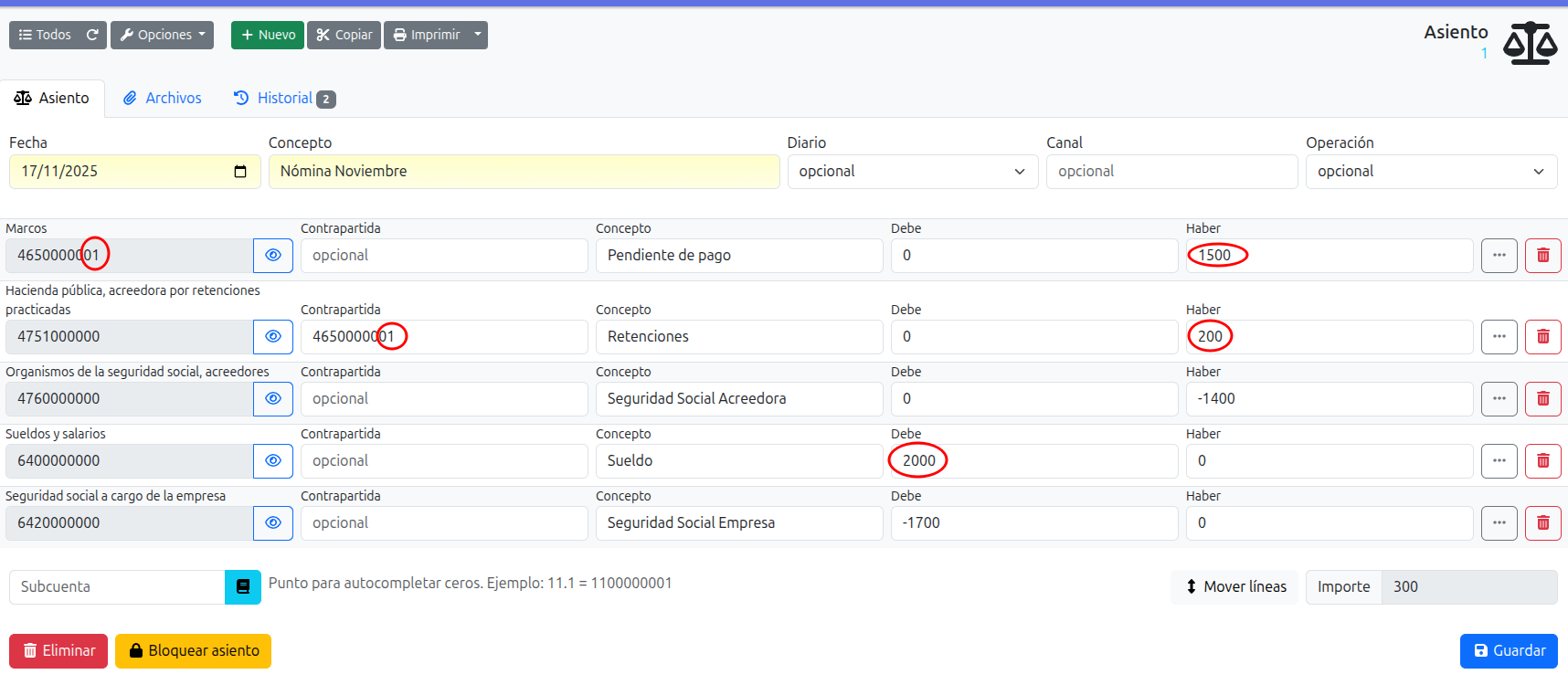 asiento nomina generado