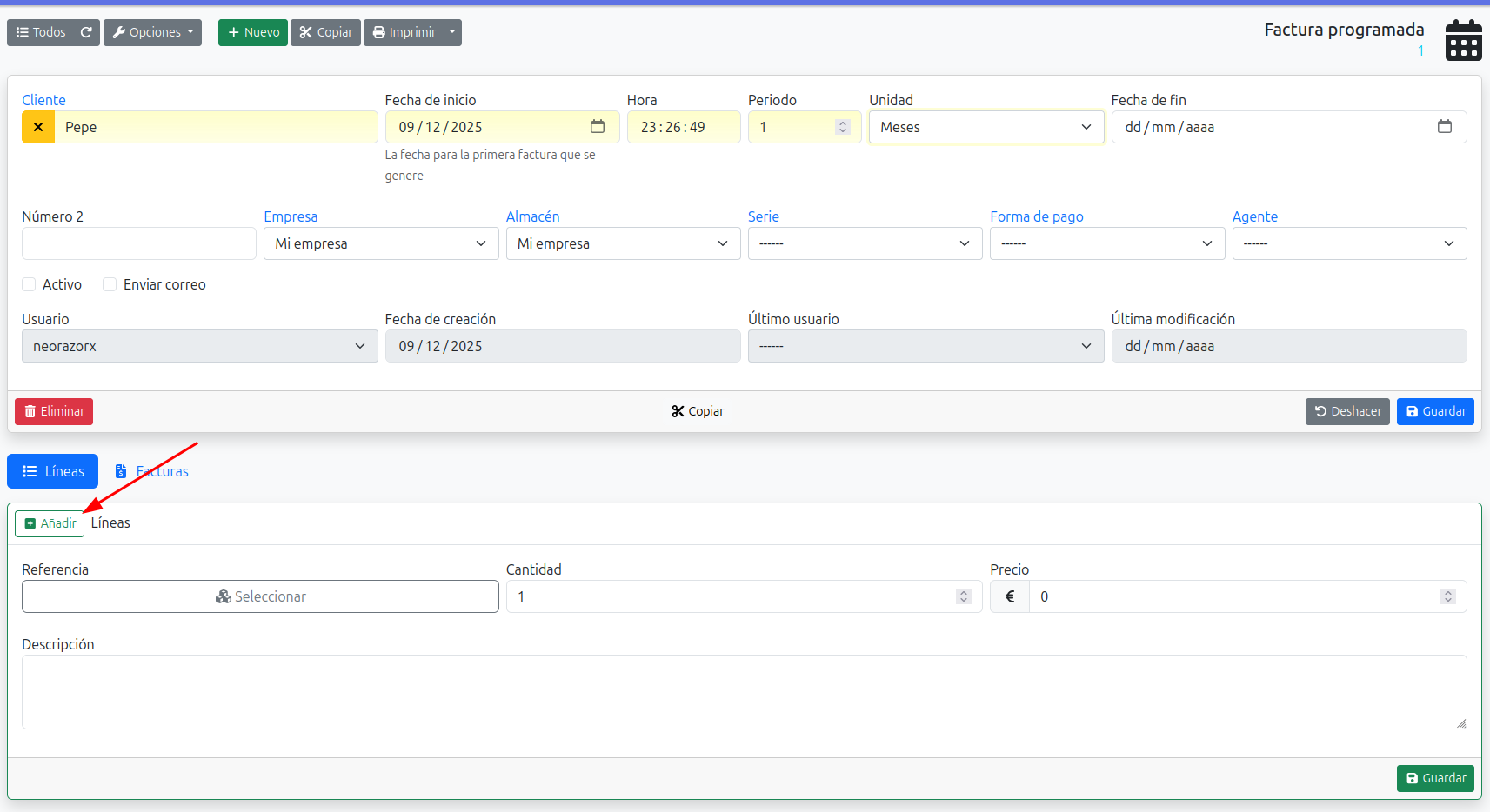 añadir lineas factura programada