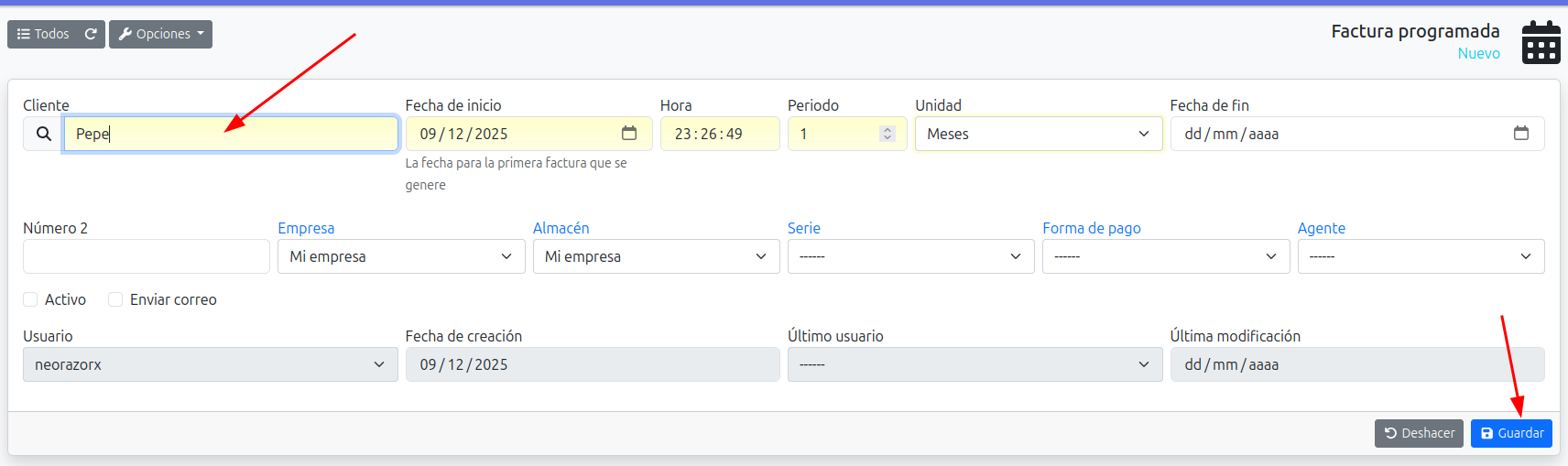 crear facturas recurrente