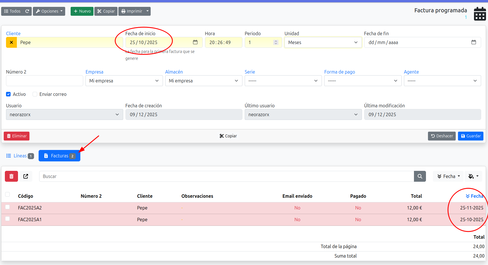 lista de facturas generadas