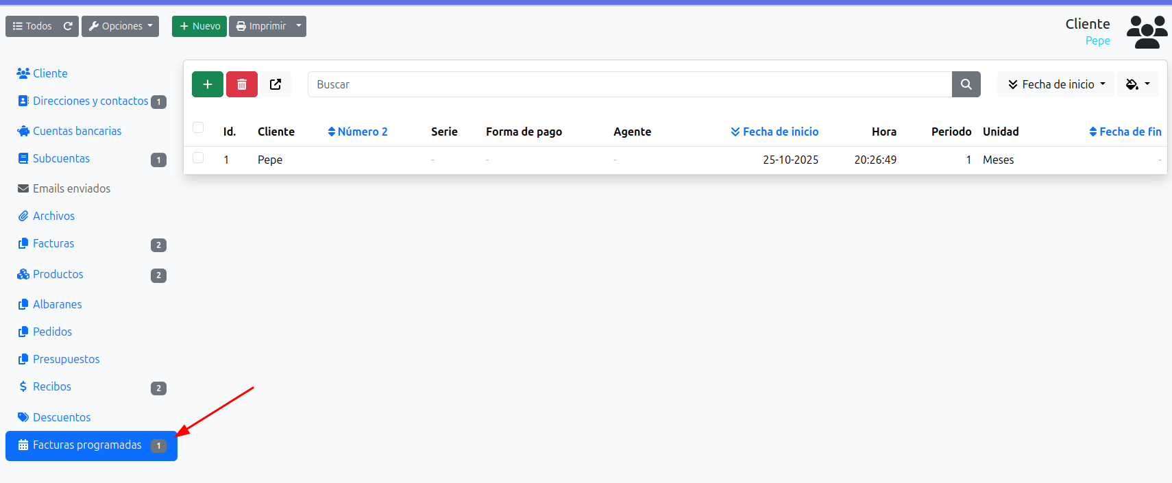 facturas programadas del cliente
