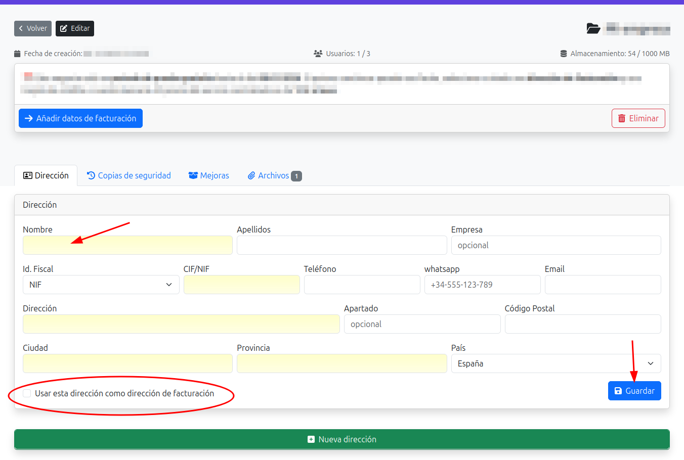añadir dirección de facturación
