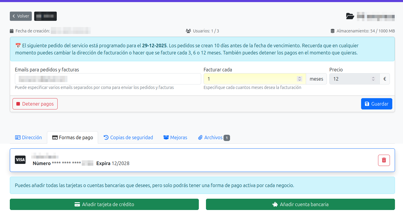 modificar email envio o meses a facturar
