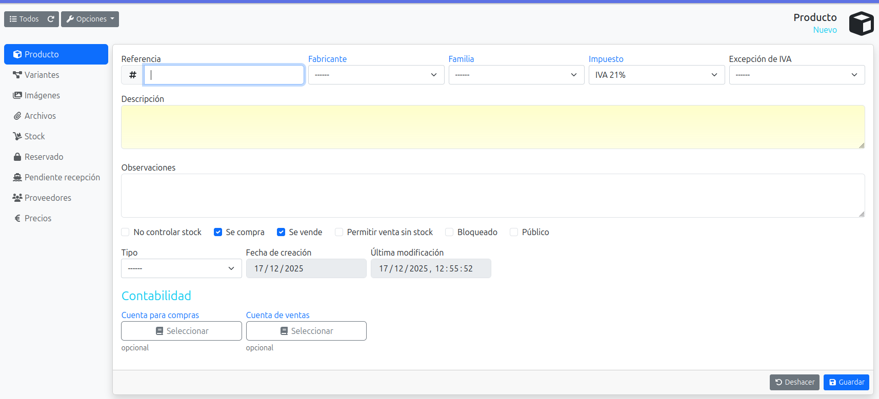 crear nuevo producto
