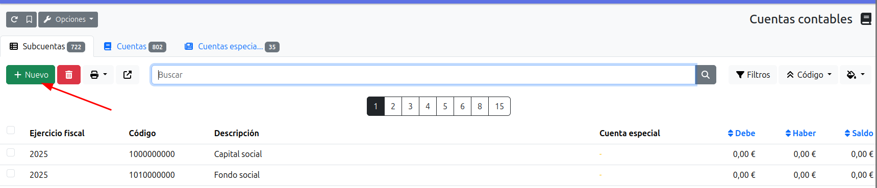 Listado de cuentas contables