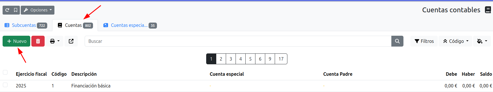 Listado de cuentas contables