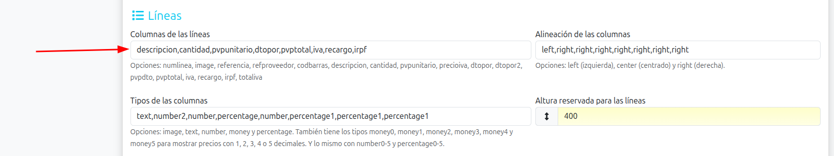 columnas a imprimir en las líneas de facturas