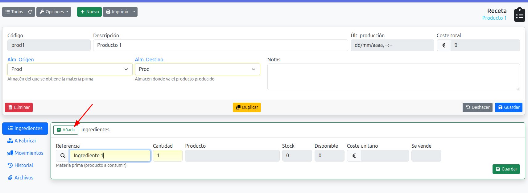 añadir ingrediente receta