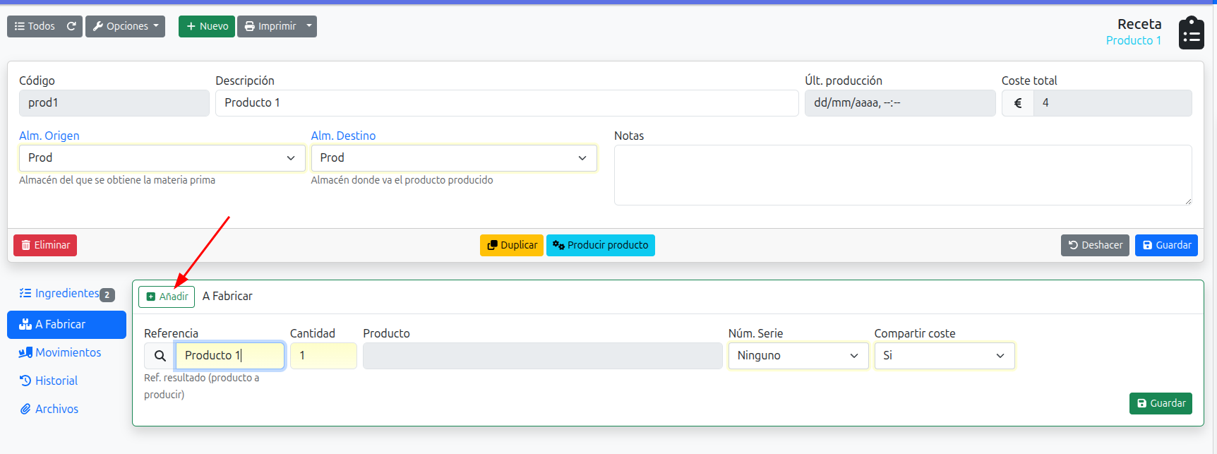 seleccionar producto a producir