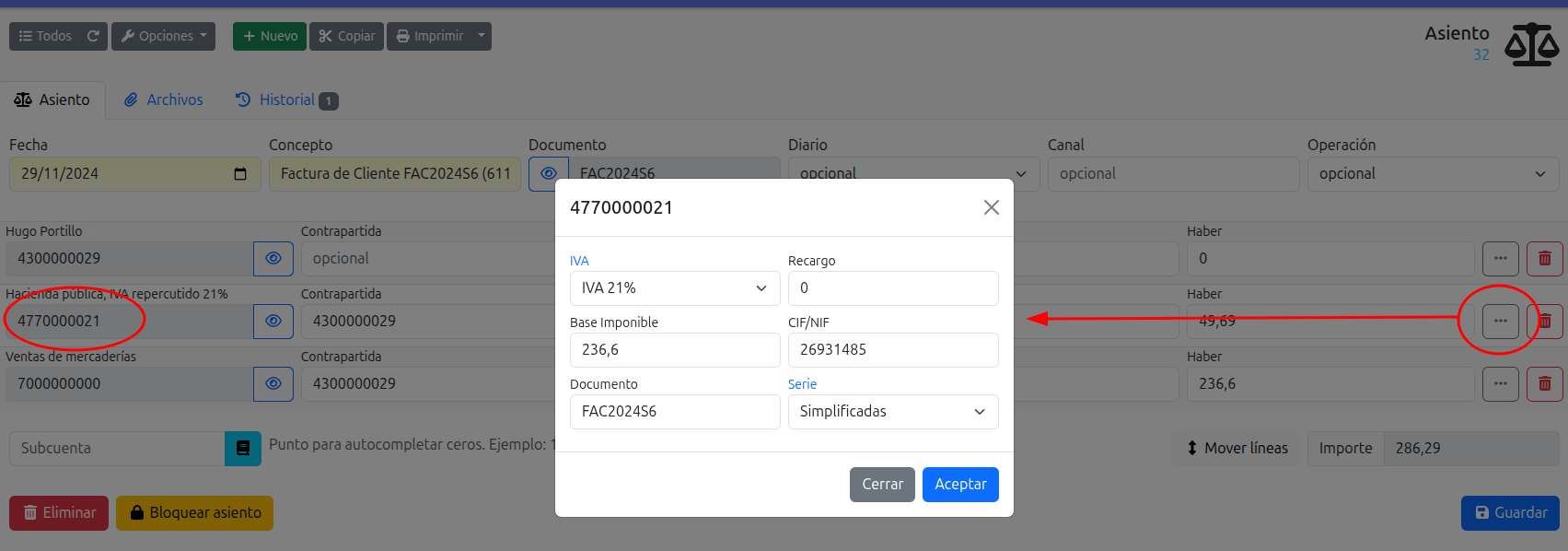 detalle de un asiento de iva