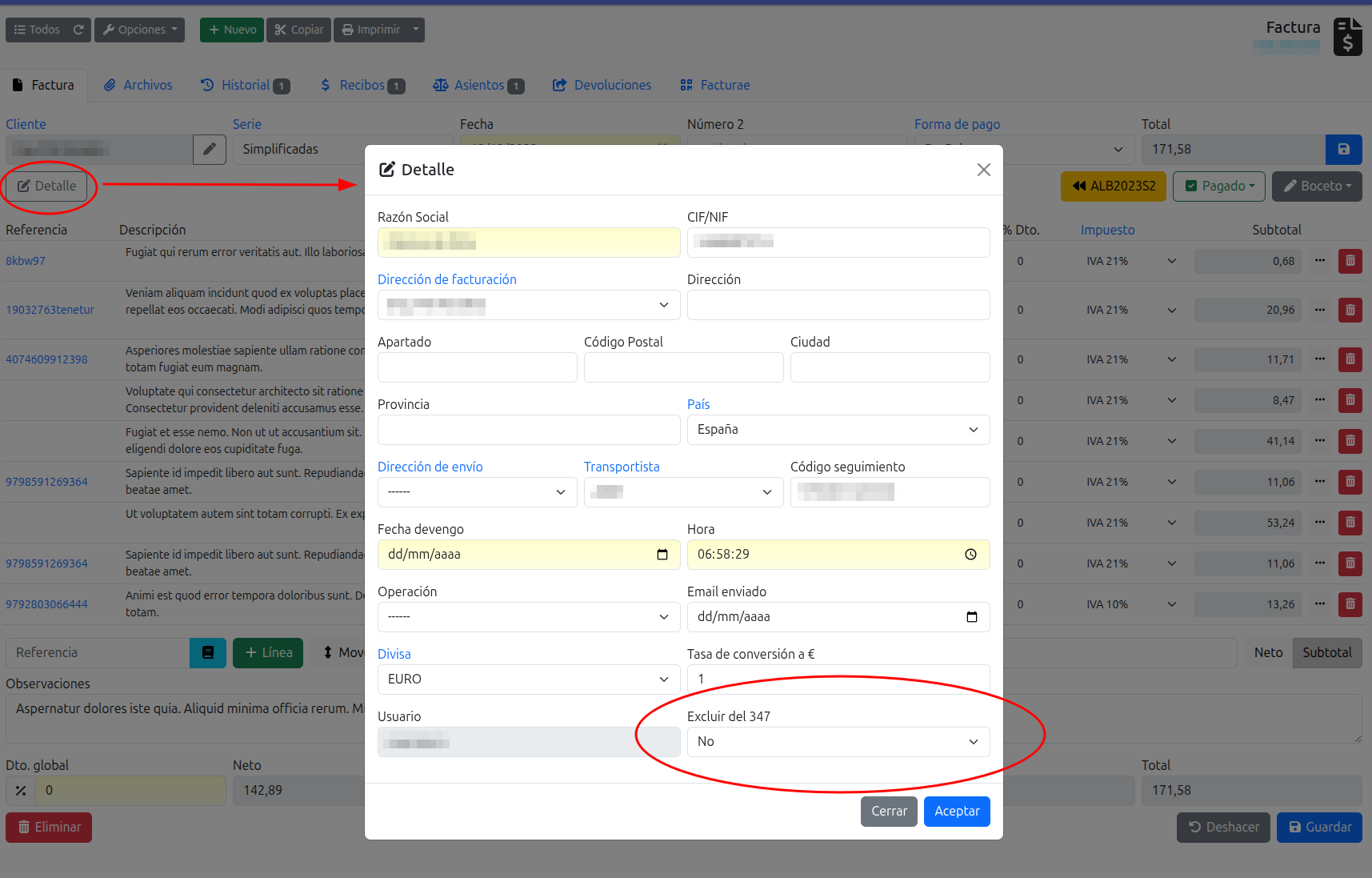 excluir facturas del 347