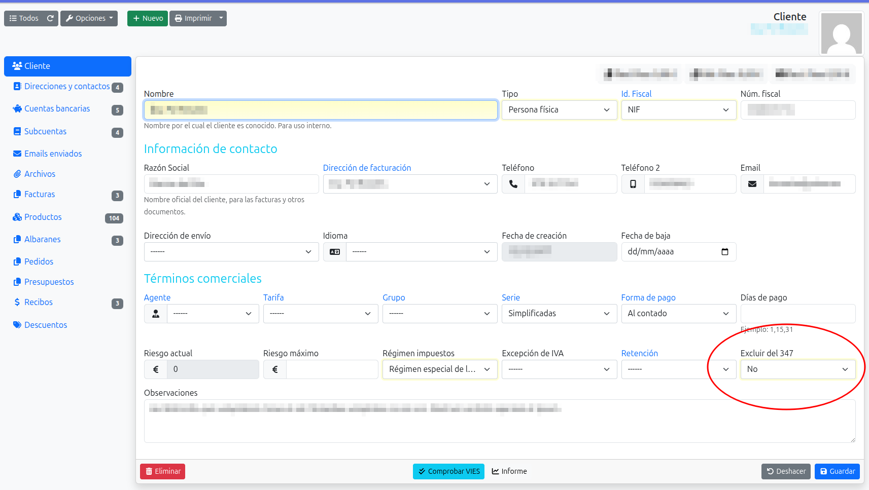 excluir clientes o proveedores del 347