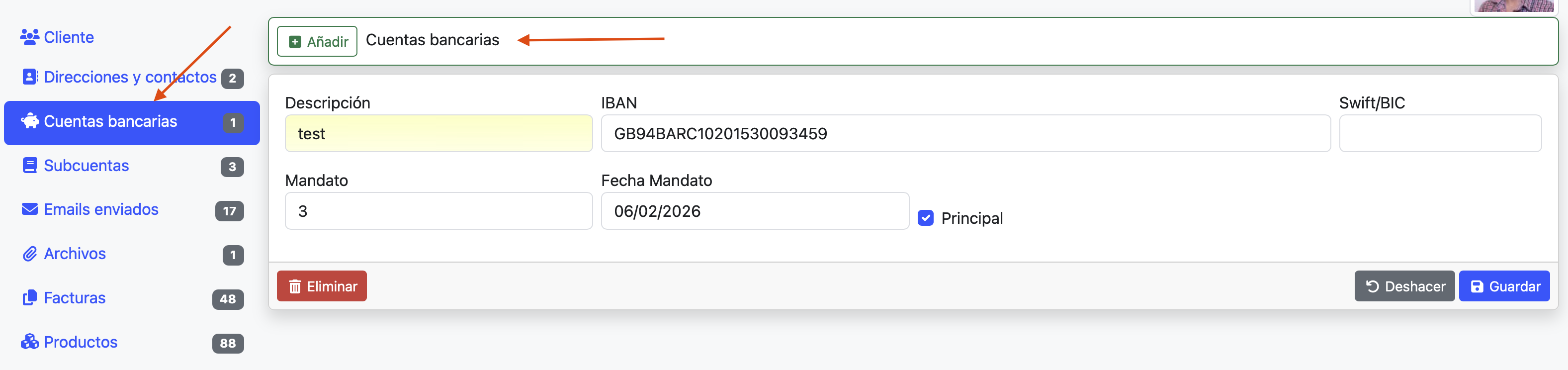 cuenta bancaria cliente domiciliada