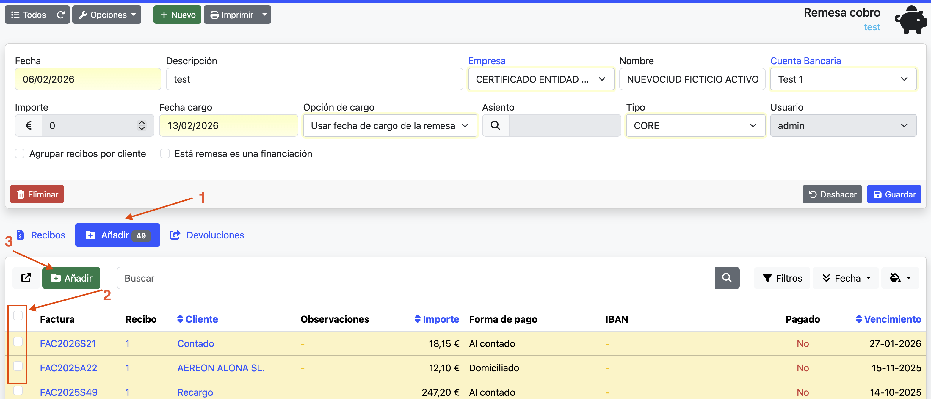 añadir recibos a una remesa