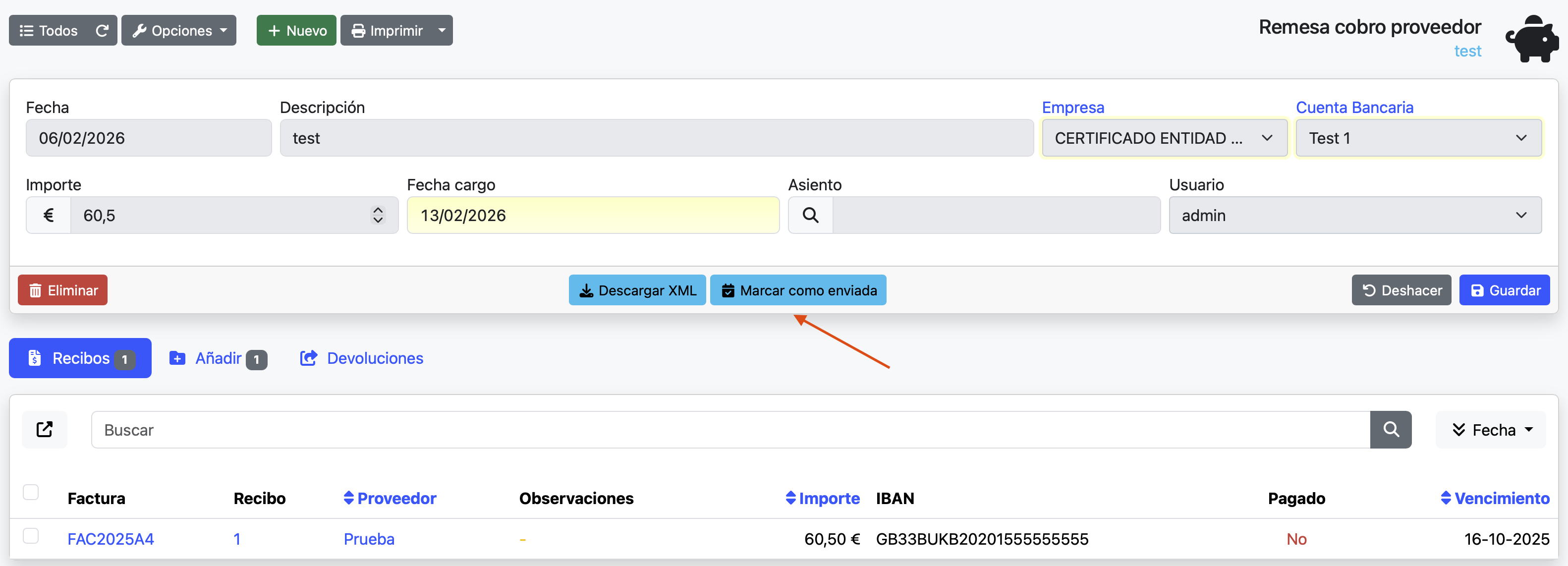 marcar remesa como enviada al banco