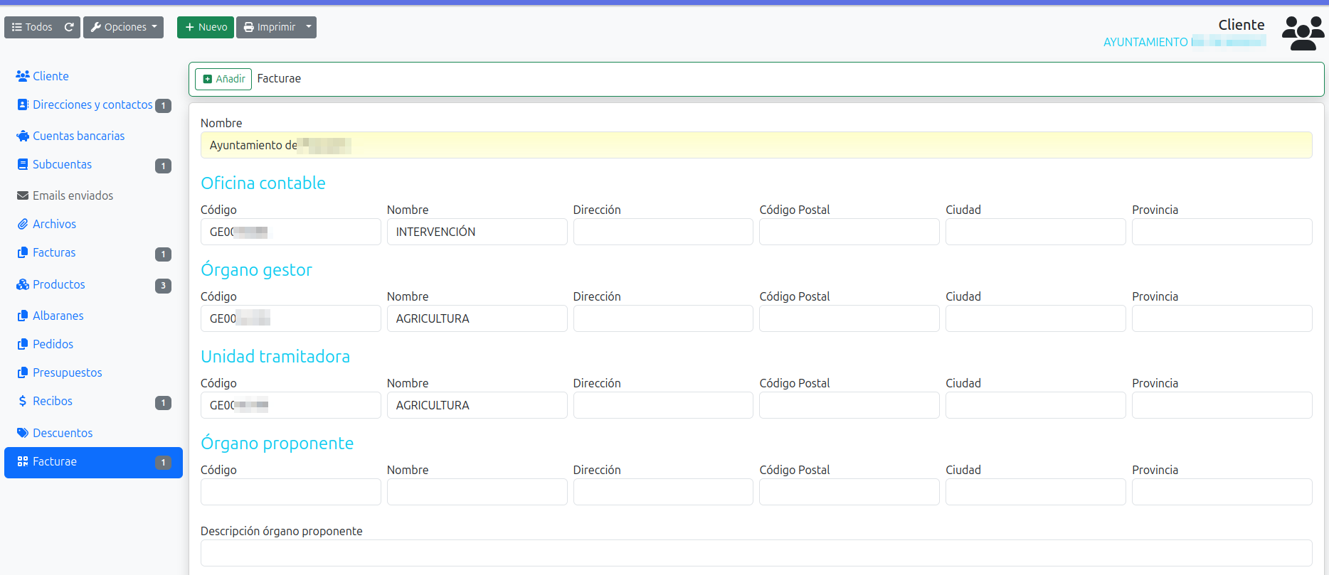 centros administrativos facturae del cliente