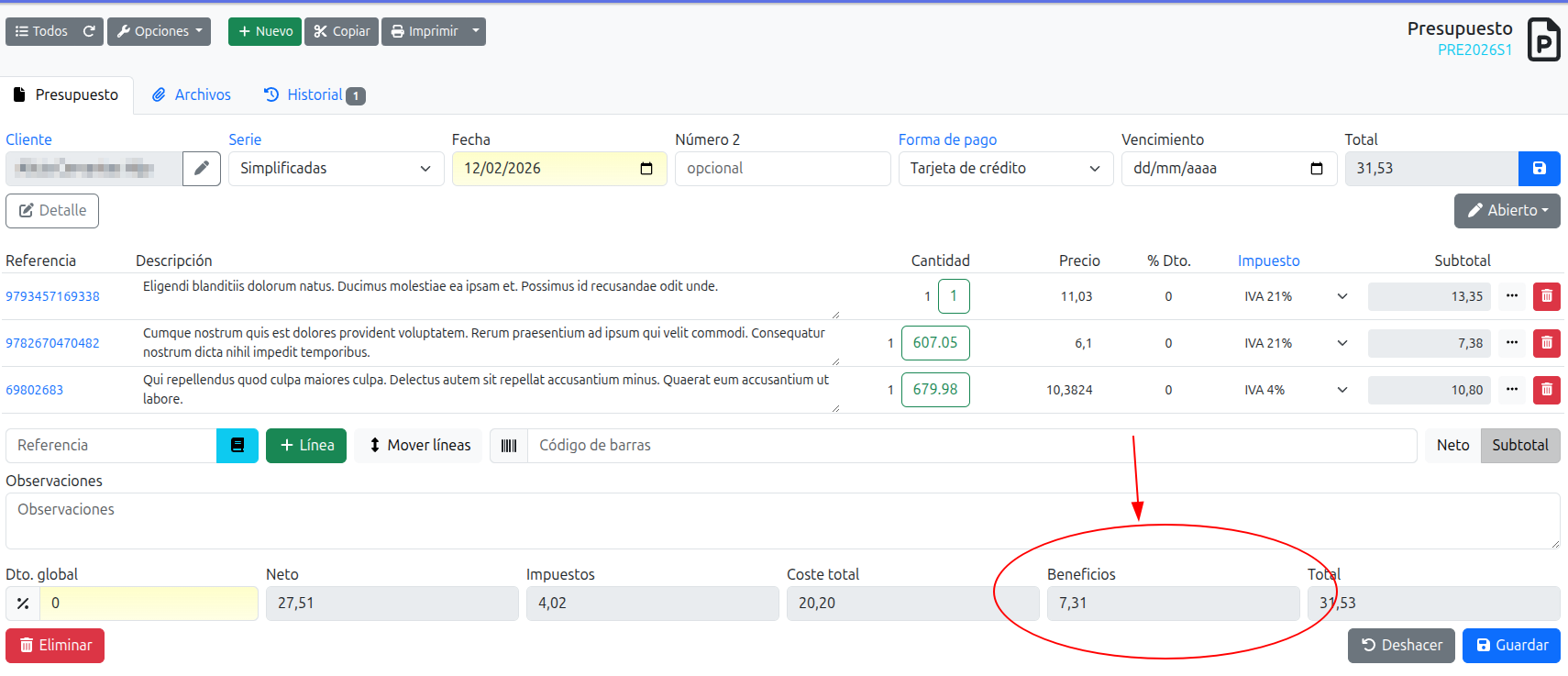 beneficio del documento