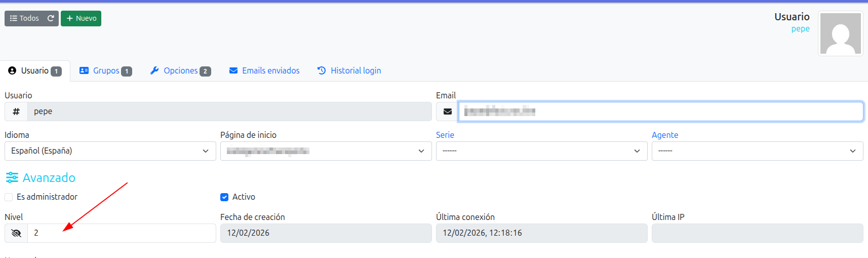 configurar nivel usuario