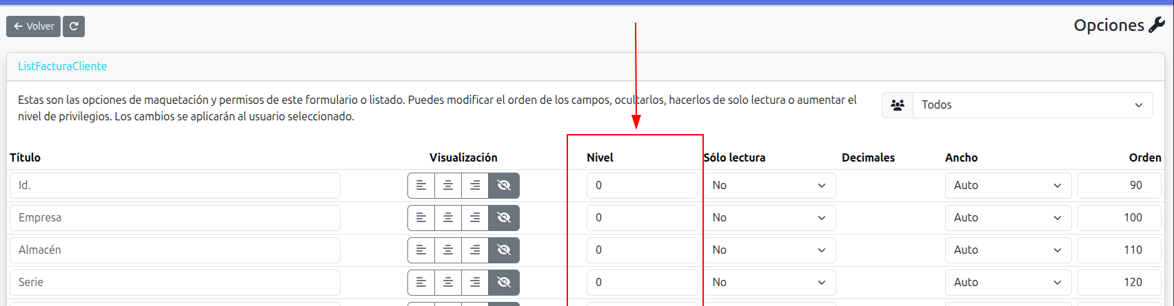 nivel columnas listado