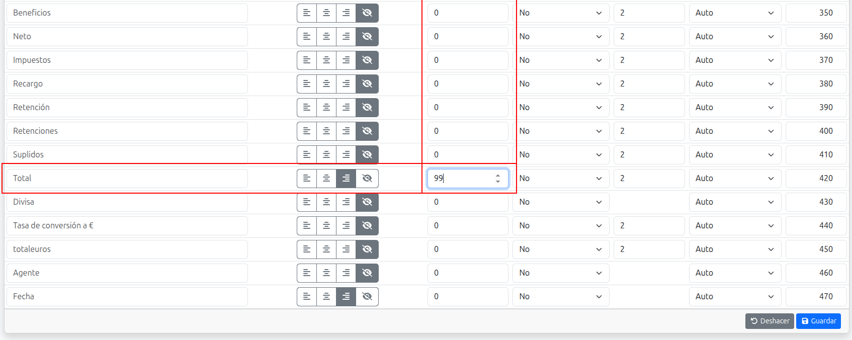 establecer nivel mínimo columna