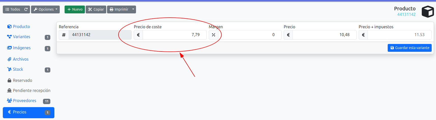 precio de coste de variante