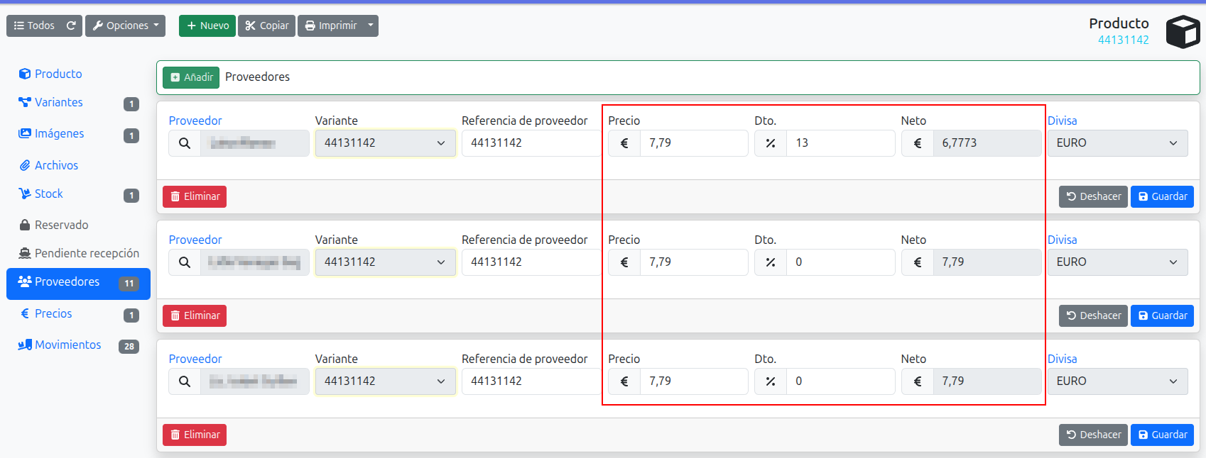 lista proveedores y precios de compra de un producto