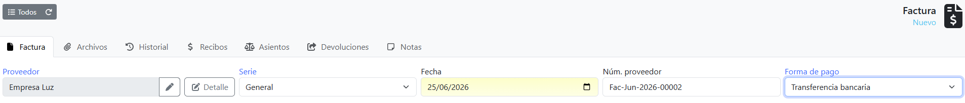 Cabecera de la factura