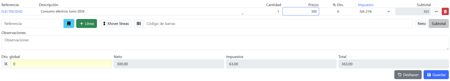 Línea de la factura