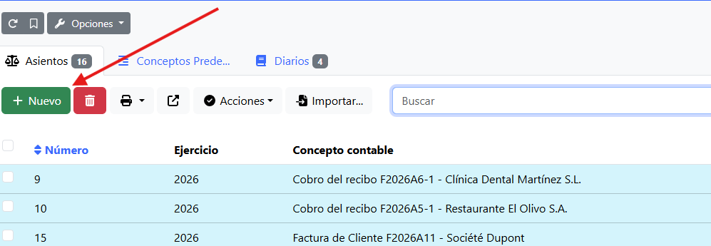 Botón Nuevo asiento