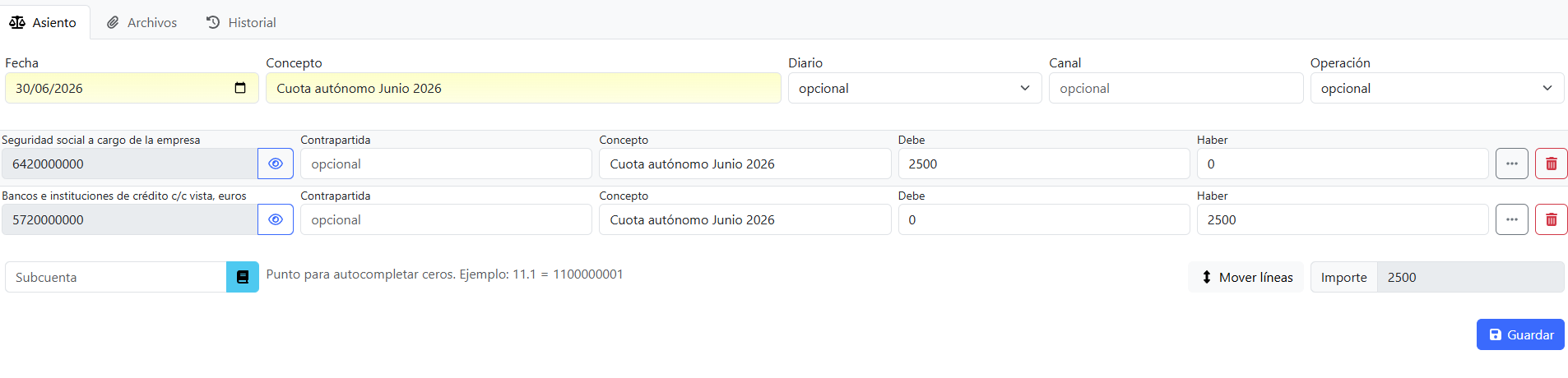 Línea de banco subcuenta 572