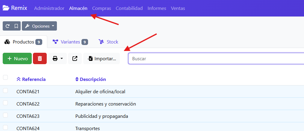 Menú Administrador > Importar archivos CSV
