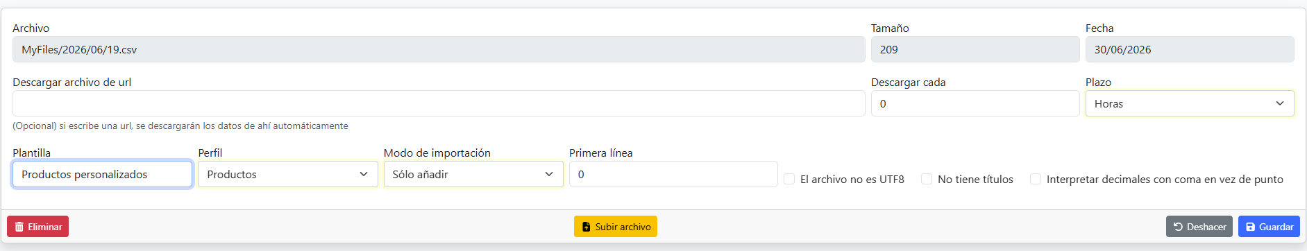 configuración de la plantilla