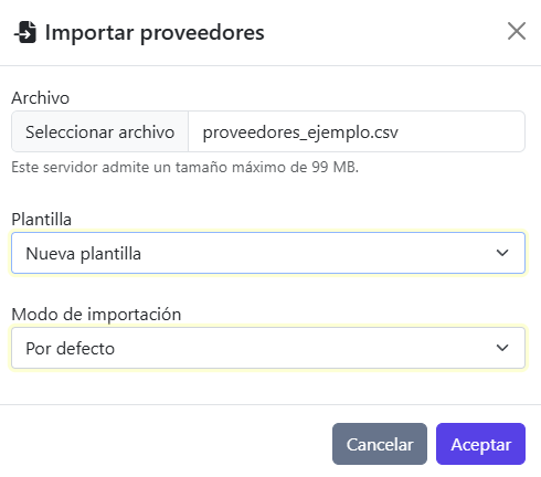 Modal de importación