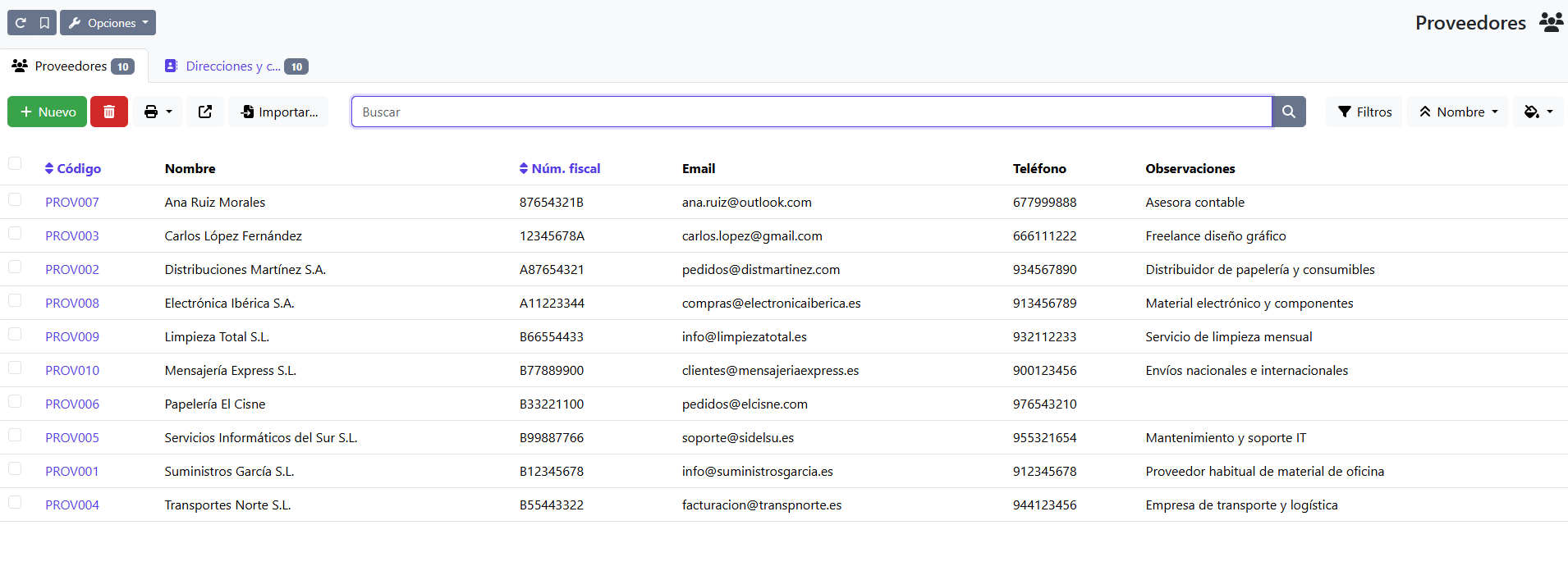 Lista de proveedores importados