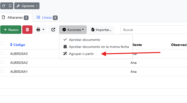 Listado de albaranes, checkbox marcado y menú Acciones