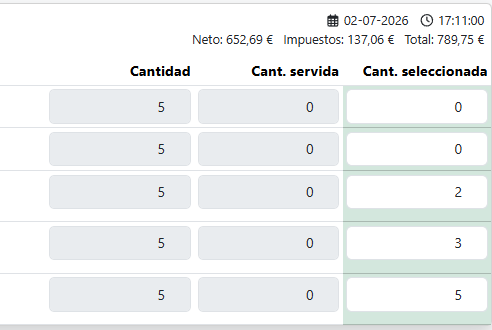 Cantidades seleccionadas ajustadas según el ejemplo