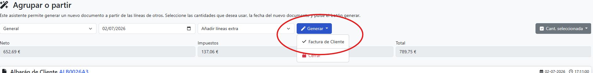 Botón Generar y opción Factura de Cliente