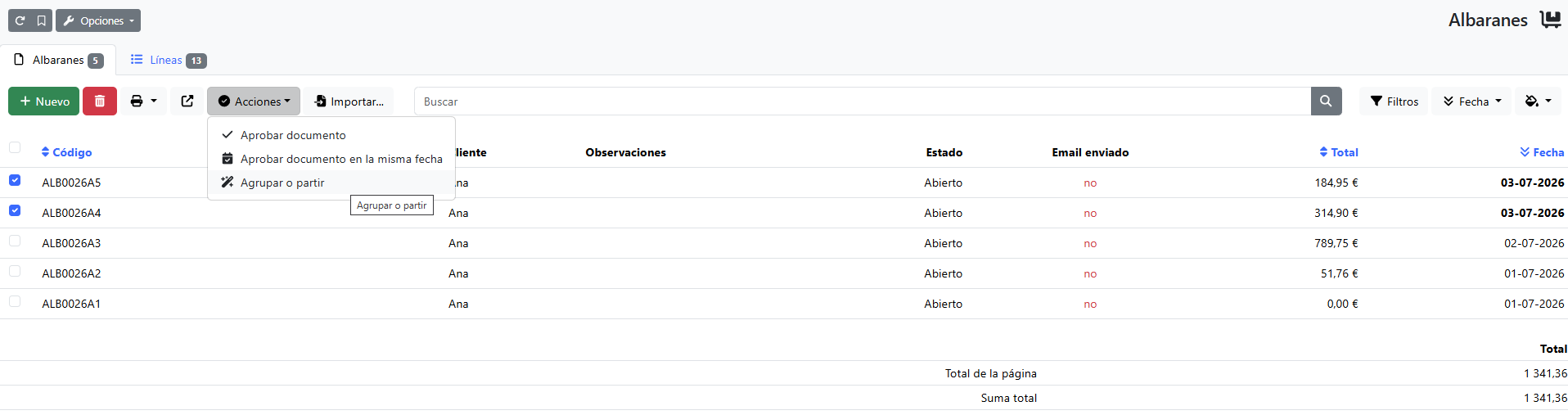 Listado de albaranes con dos filas marcadas y menú Acciones