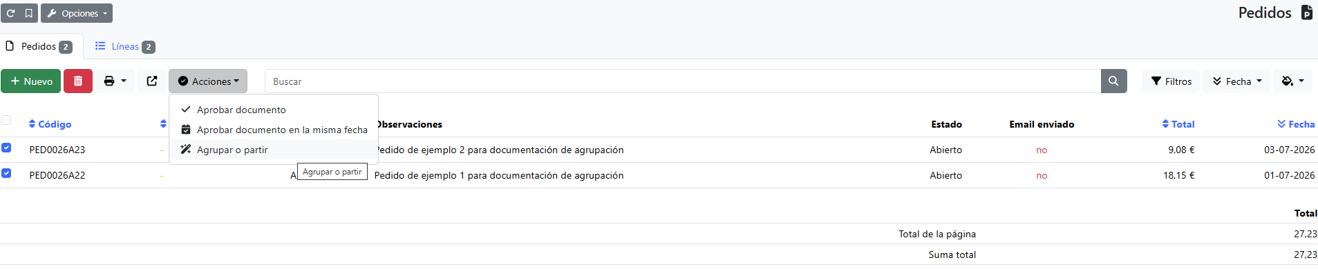 Listado de pedidos con dos filas marcadas y menú Acciones