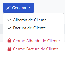 Botón Generar con las opciones Albarán y Factura de Cliente