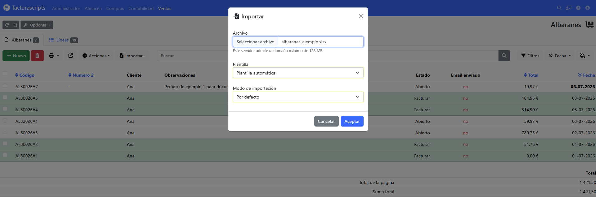 importar albaranes excel